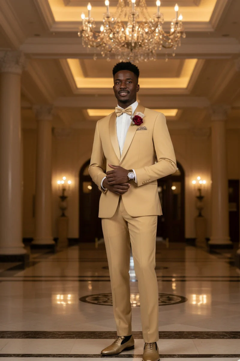 Light Gold Shawl Lapel Tuxedo by Spectrum – Elegant 3-Piece Formal Wear - 34 Short or Extra Small