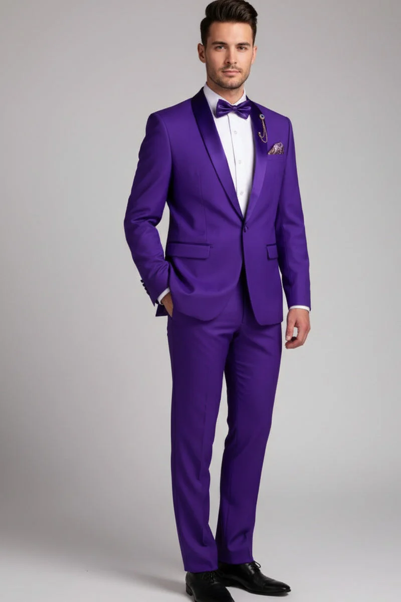 Premium Royal Purple Shawl Lapel Tuxedo – Spectrum 1 Button Formal Set - 34 Short or Extra Small