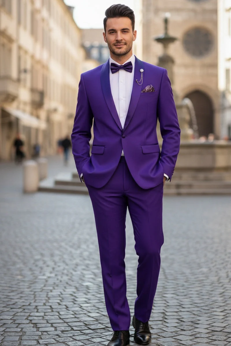 Premium Royal Purple Shawl Lapel Tuxedo – Spectrum 1 Button Formal Set - 34 Short or Extra Small