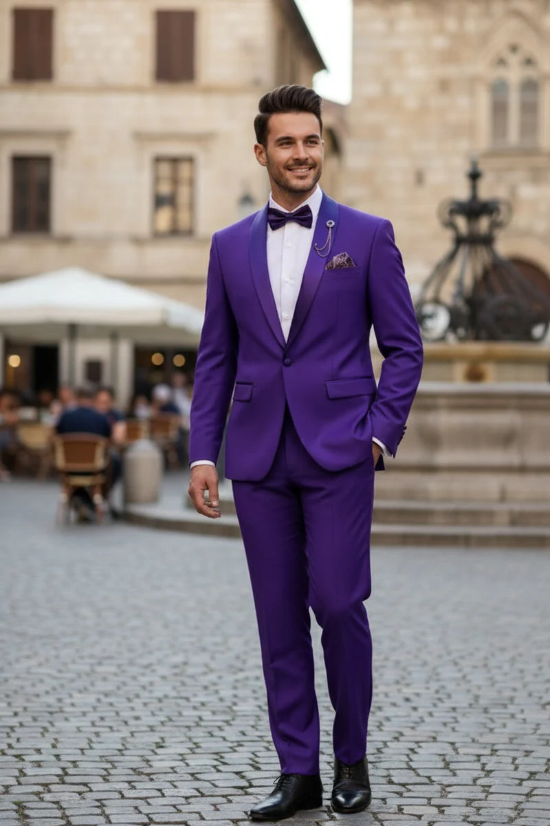 Premium Royal Purple Shawl Lapel Tuxedo – Spectrum 1 Button Formal Set - 34 Short or Extra Small