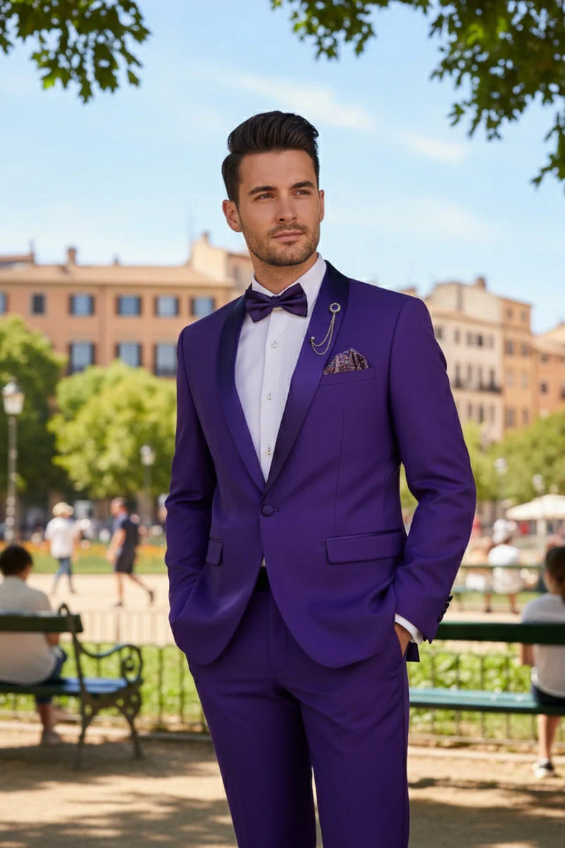 Premium Royal Purple Shawl Lapel Tuxedo – Spectrum 1 Button Formal Set - 34 Short or Extra Small