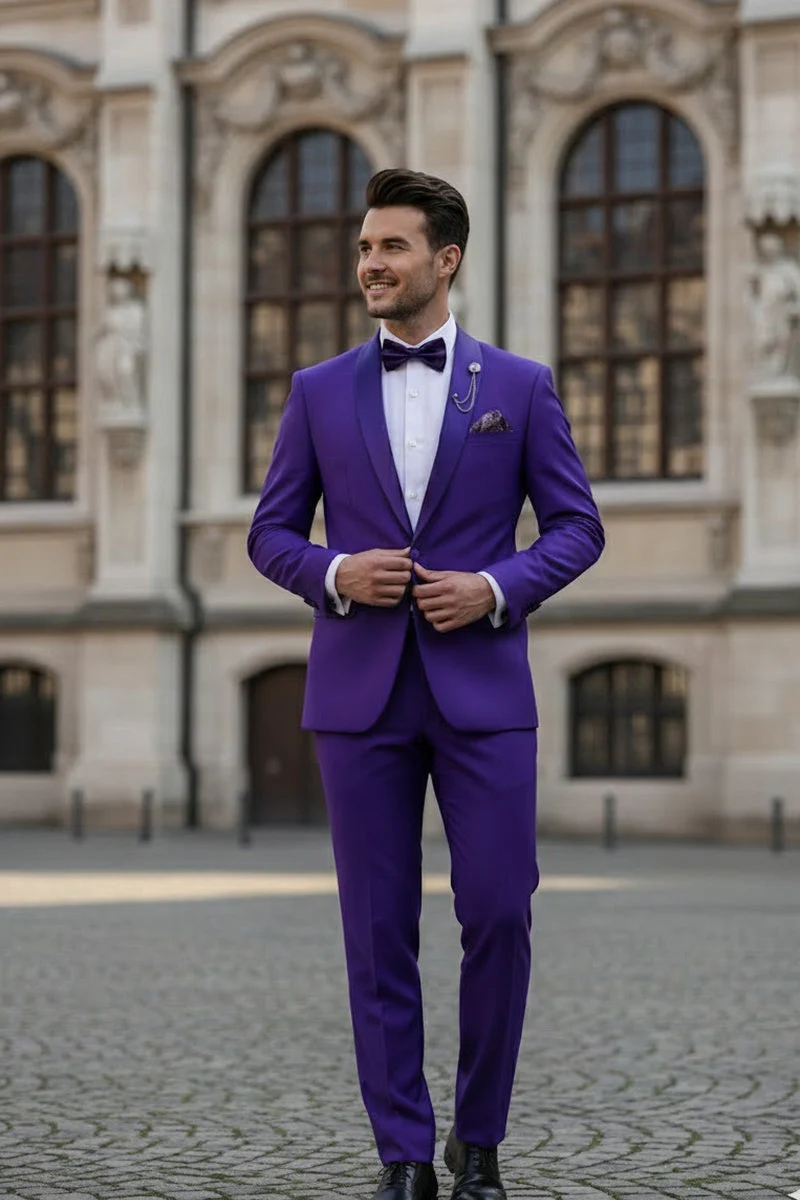 Premium Royal Purple Shawl Lapel Tuxedo – Spectrum 1 Button Formal Set - 34 Short or Extra Small