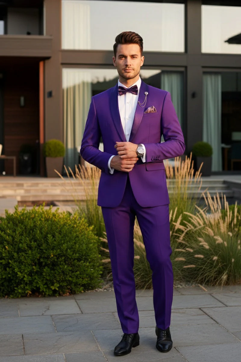 Premium Royal Purple Shawl Lapel Tuxedo – Spectrum 1 Button Formal Set - 34 Short or Extra Small