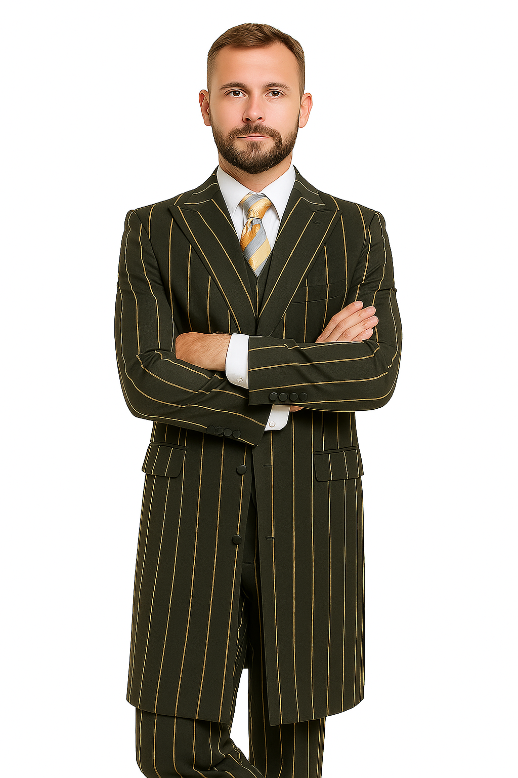 34 Pinstripe Zoot Suit For Men - Gangster Wedding Suit in Black and Gold Pinstripe 34 Pinstripe Zoot Suit For Men - Gangster Wedding Suit in Black and Gold Pinstripe