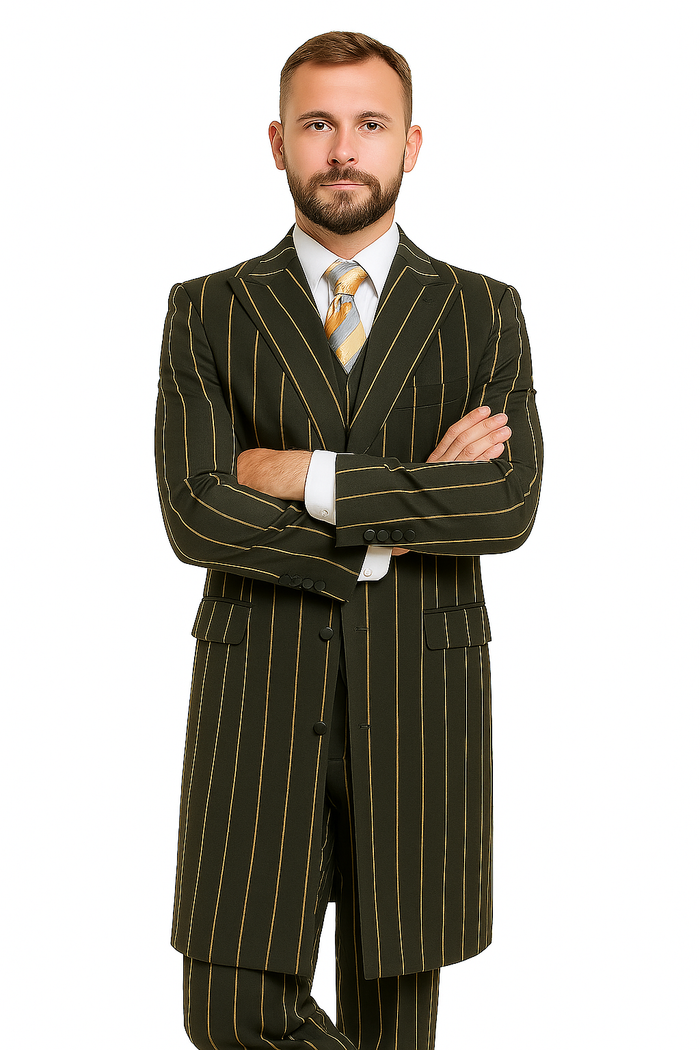 Pinstripe Zoot Suit For Men - Gangster  Wedding Suit in Black and Gold Pinstripe