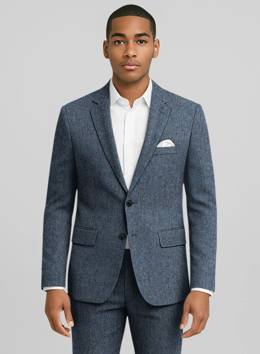 Mens Heritage Blue Herringbone Jacket – Timeless Tweed Sport Coat - 36 Short