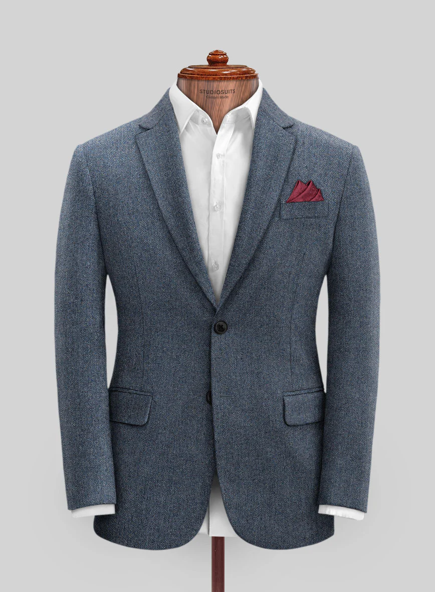 Mens Heritage Blue Herringbone Jacket – Timeless Tweed Sport Coat - 36 Short