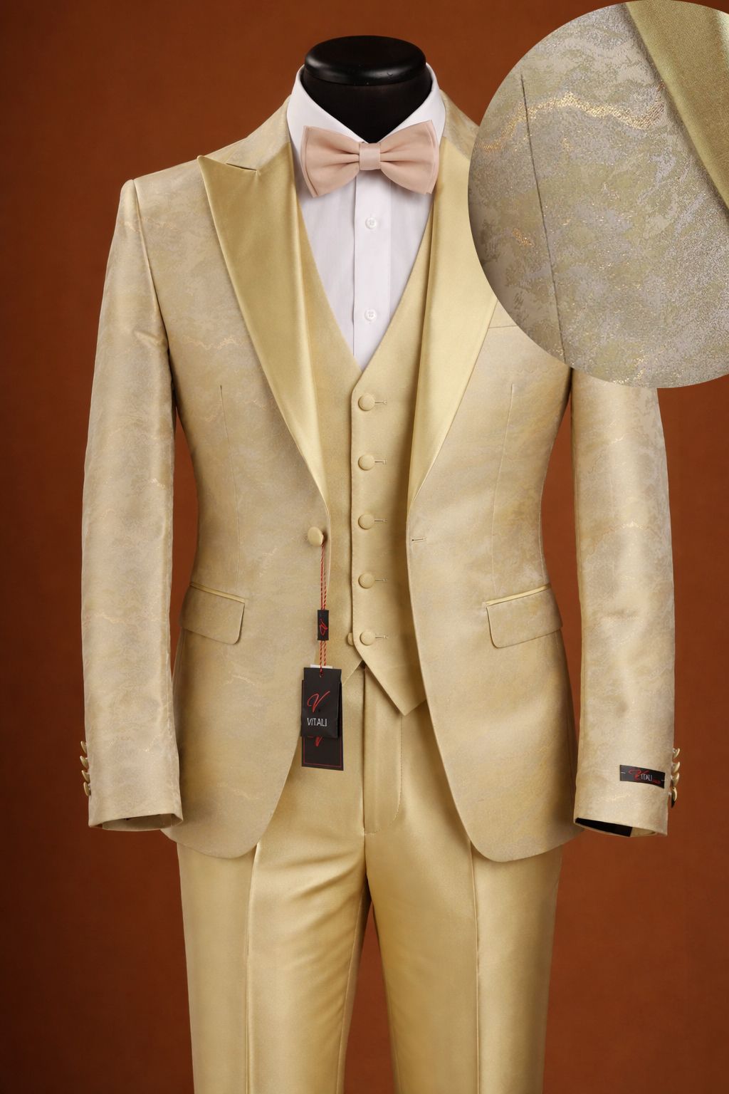 Vitali Mens Yellow Gold Designer Tuxedo Suit Set – Luxury Wedding Prom Formal Tuxedo with Vest Bow Tie in Champaign Color - 34 Short or Extra Small