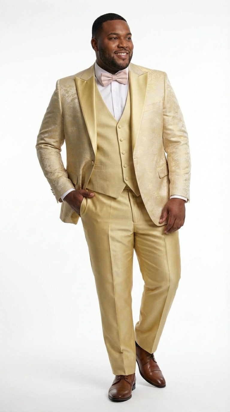 Vitali Mens Yellow Gold Designer Tuxedo Suit Set – Luxury Wedding Prom Formal Tuxedo with Vest Bow Tie in Champaign Color - 34 Short or Extra Small