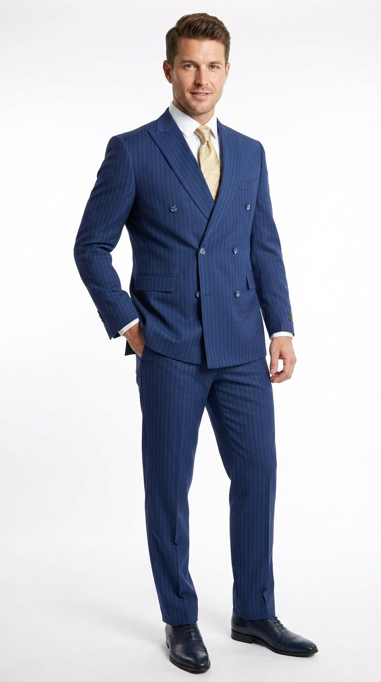 Vitali Mens Blue Tone on Tone Shadow Pinstripe Suit Set – Double Breasted Business Modern Fit Side Vented - 34 Short or Extra Small
