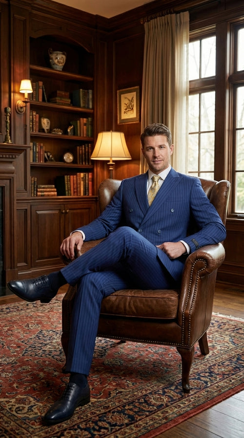 Vitali Mens Blue Tone on Tone Shadow Pinstripe Suit Set – Double Breasted Business Modern Fit Side Vented