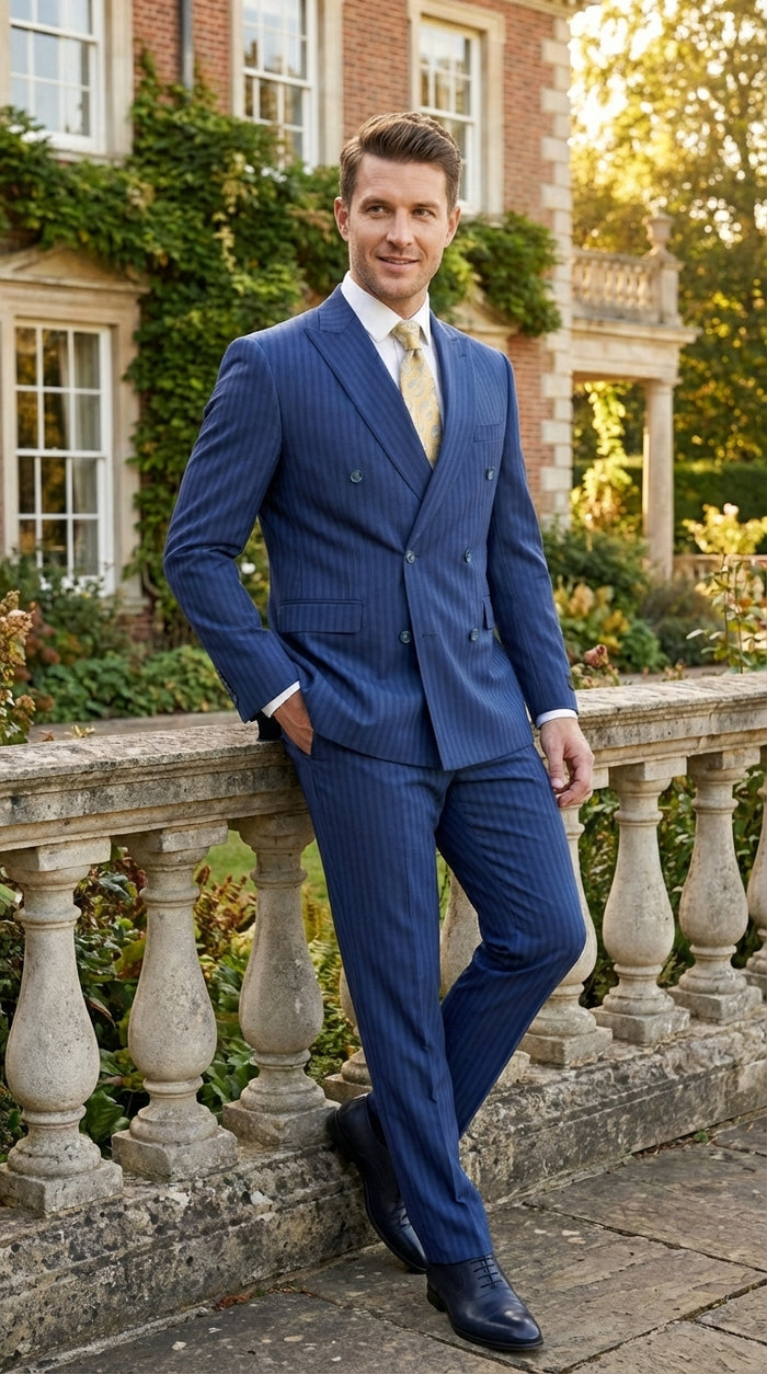 Vitali Mens Blue Tone on Tone Shadow Pinstripe Suit Set – Double Breasted Business Modern Fit Side Vented