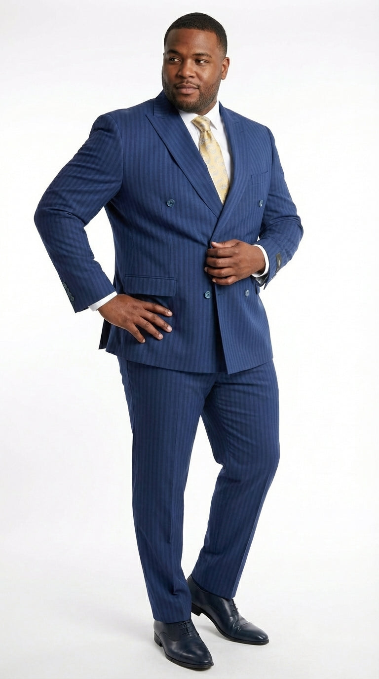 Vitali Mens Blue Tone on Tone Shadow Pinstripe Suit Set – Double Breasted Business Modern Fit Side Vented - 34 Short or Extra Small