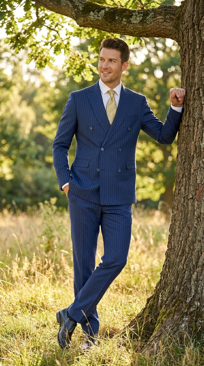 Vitali Mens Blue Tone on Tone Shadow Pinstripe Suit Set – Double Breasted Business Modern Fit Side Vented