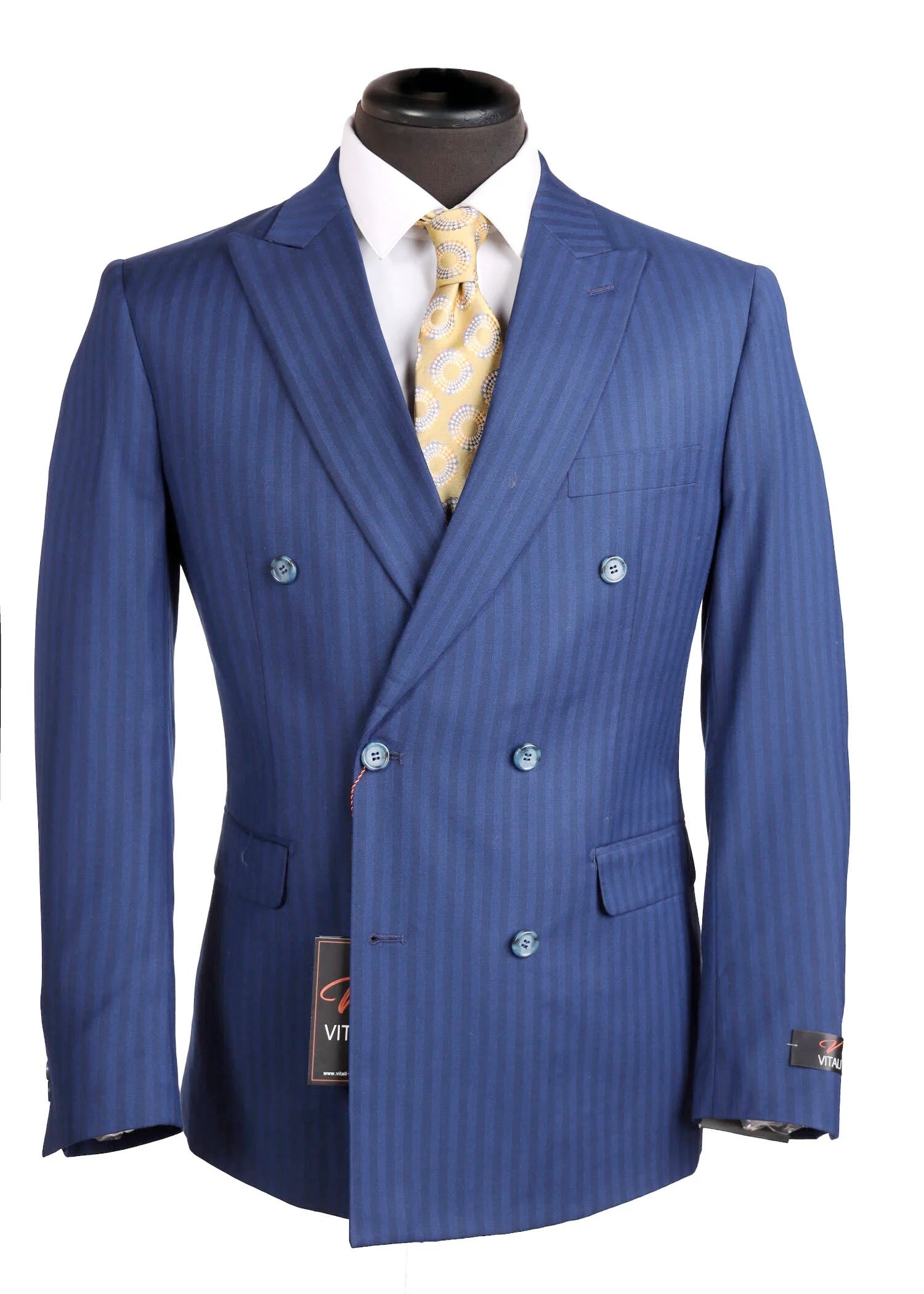 Vitali Mens Blue Tone on Tone Shadow Pinstripe Suit Set – Double Breasted Business Modern Fit Side Vented - 34 Short or Extra Small