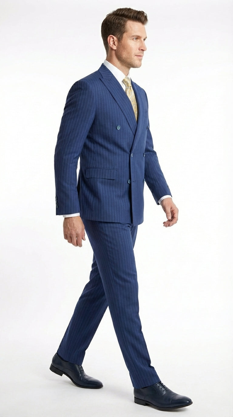Vitali Mens Blue Tone on Tone Shadow Pinstripe Suit Set – Double Breasted Business Modern Fit Side Vented - 34 Short or Extra Small