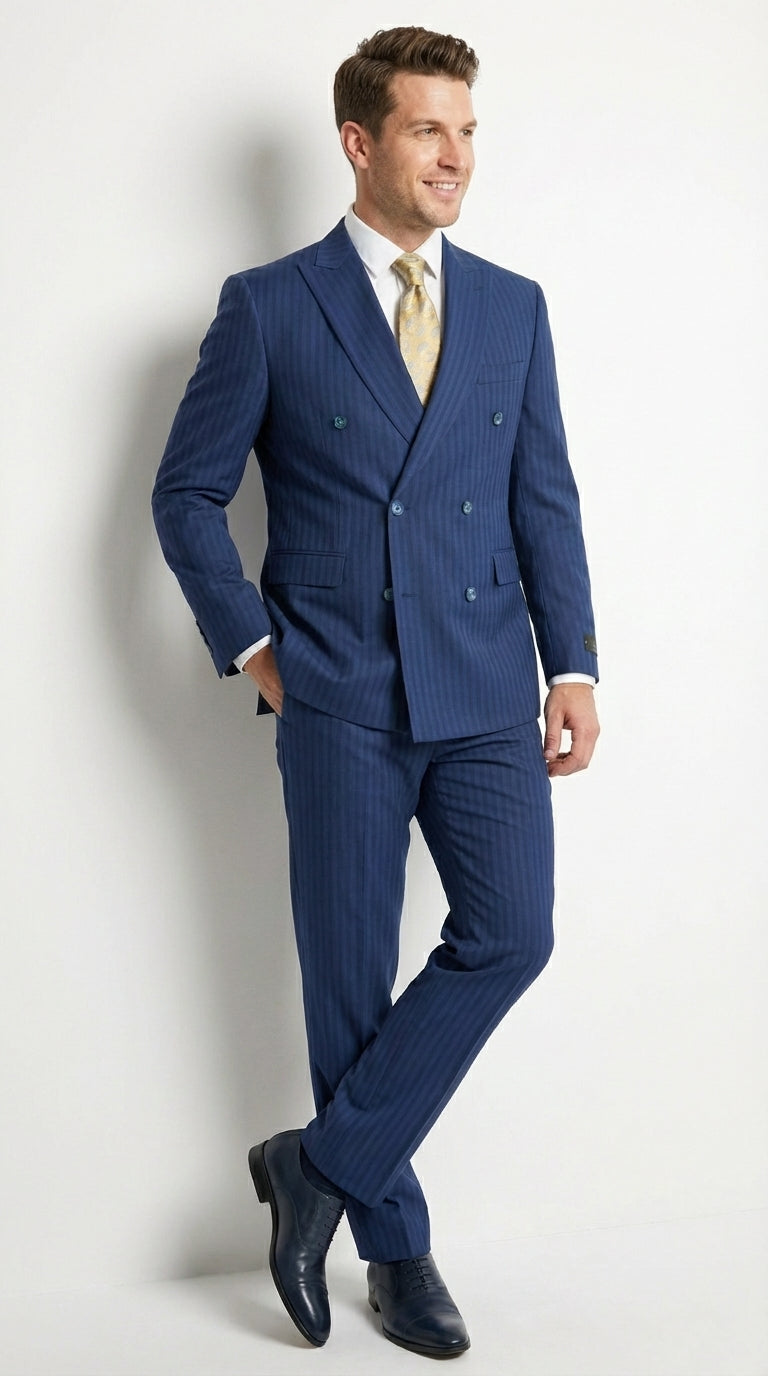 Vitali Mens Blue Tone on Tone Shadow Pinstripe Suit Set – Double Breasted Business Modern Fit Side Vented - 34 Short or Extra Small