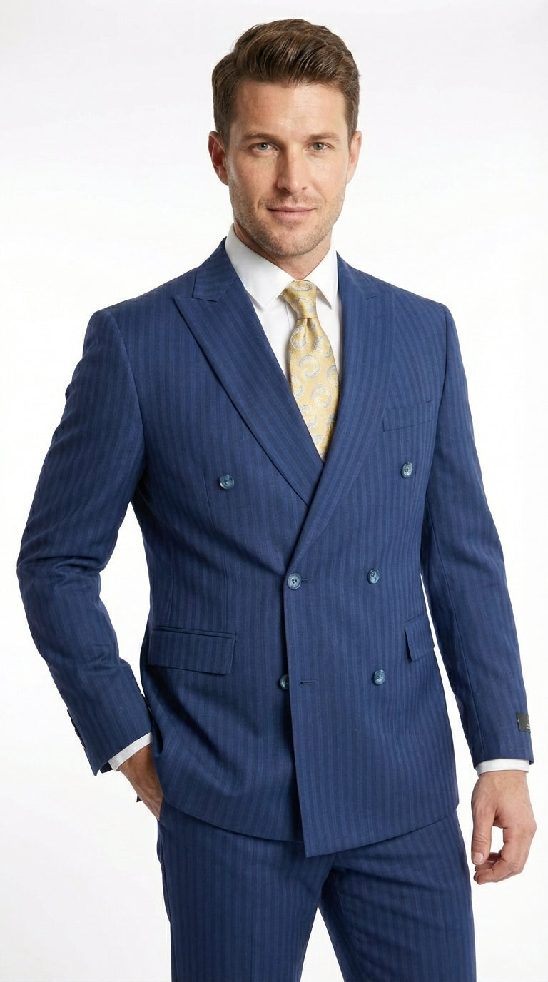Vitali Mens Blue Tone on Tone Shadow Pinstripe Suit Set – Double Breasted Business Modern Fit Side Vented - 34 Short or Extra Small