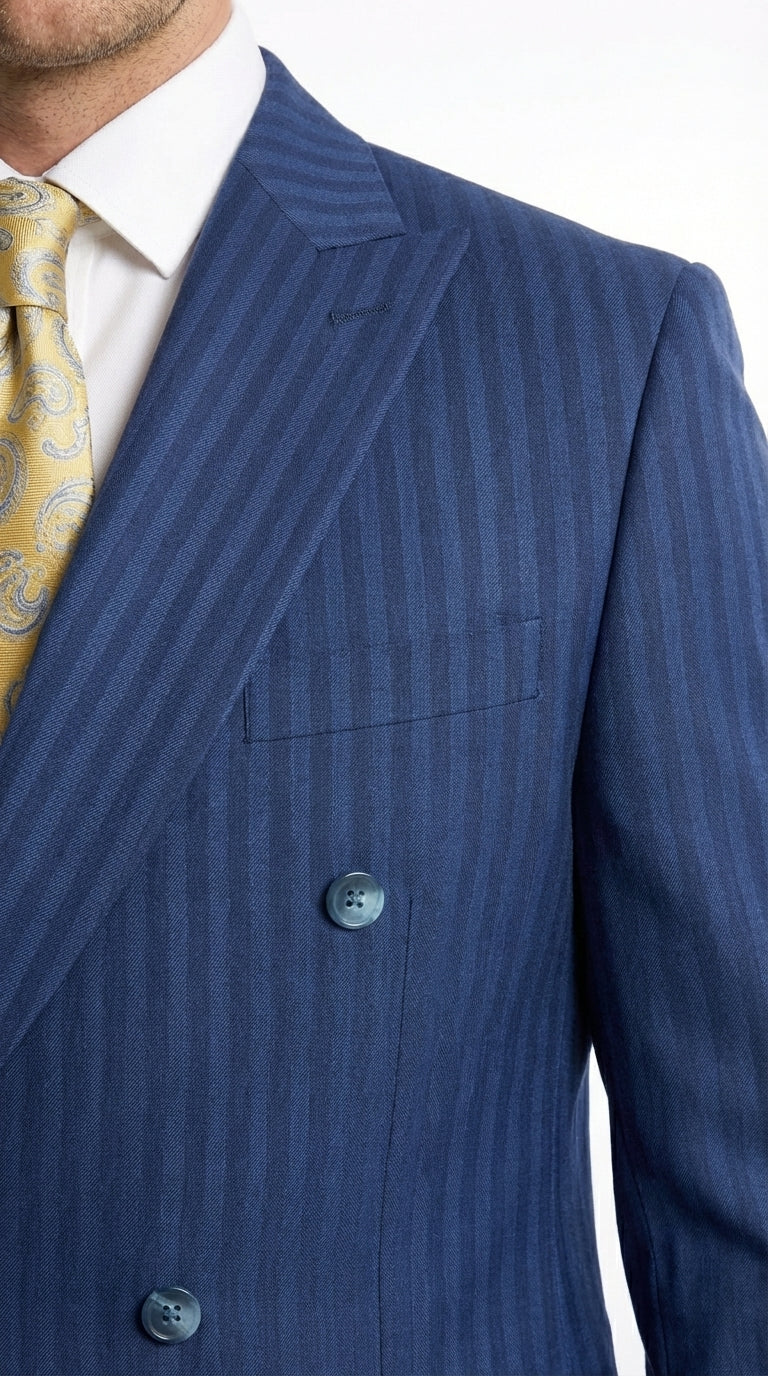 Vitali Mens Blue Tone on Tone Shadow Pinstripe Suit Set – Double Breasted Business Modern Fit Side Vented - 34 Short or Extra Small