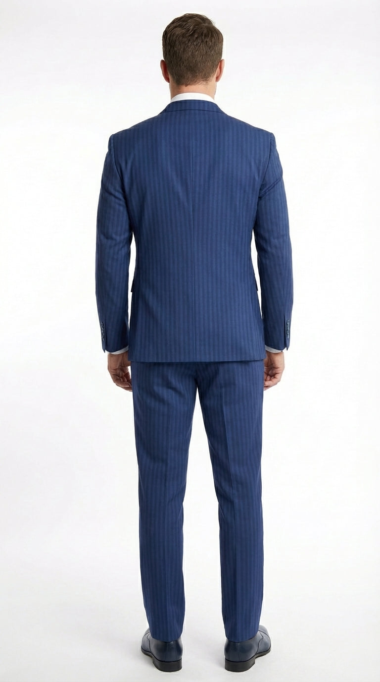 Vitali Mens Blue Tone on Tone Shadow Pinstripe Suit Set – Double Breasted Business Modern Fit Side Vented
