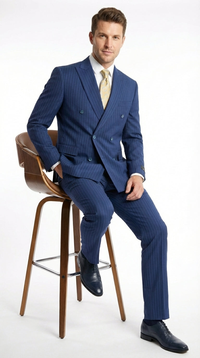 Vitali Mens Blue Tone on Tone Shadow Pinstripe Suit Set – Double Breasted Business Modern Fit Side Vented - 34 Short or Extra Small