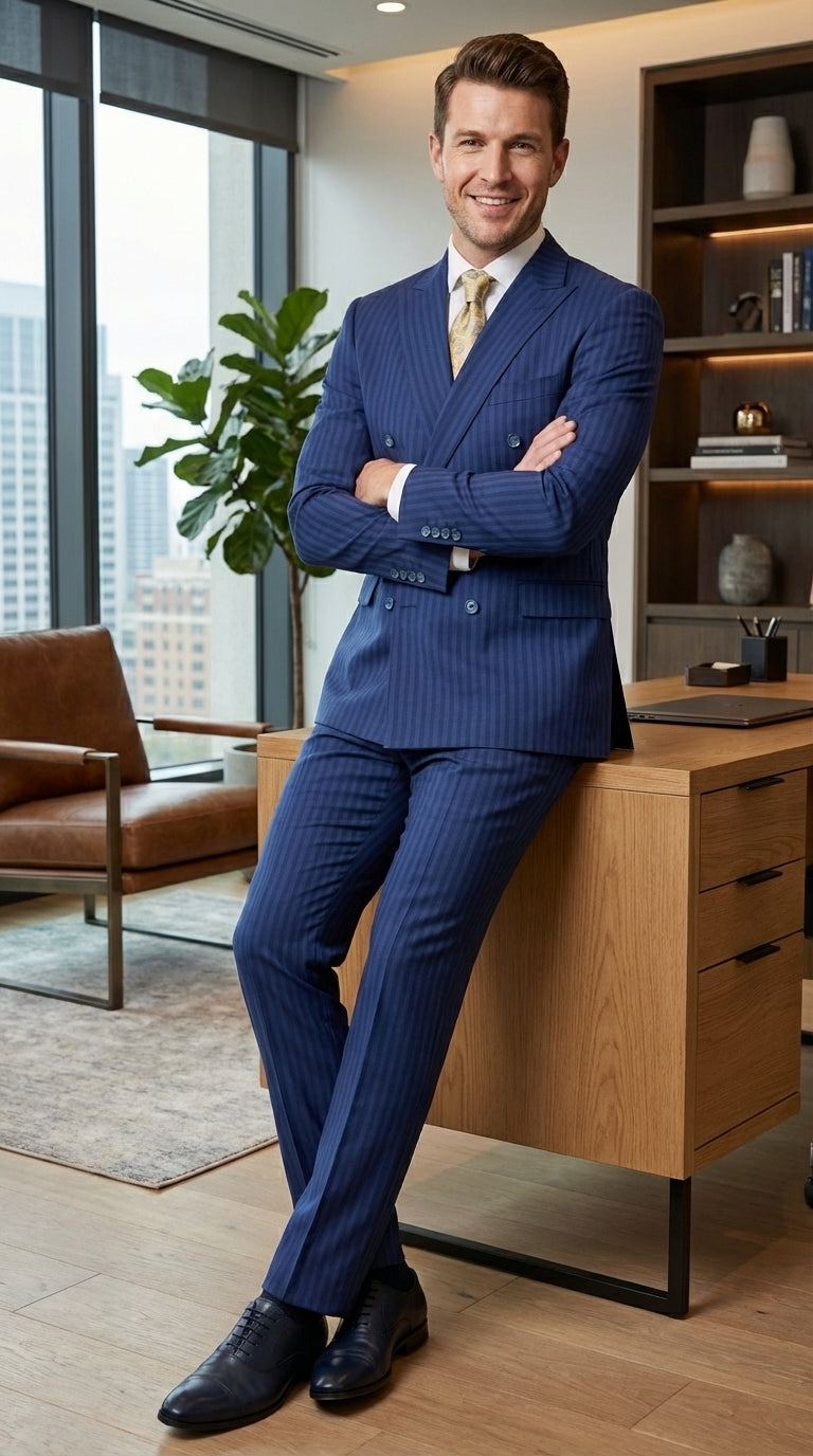 Vitali Mens Blue Tone on Tone Shadow Pinstripe Suit Set – Double Breasted Business Modern Fit Side Vented - 34 Short or Extra Small