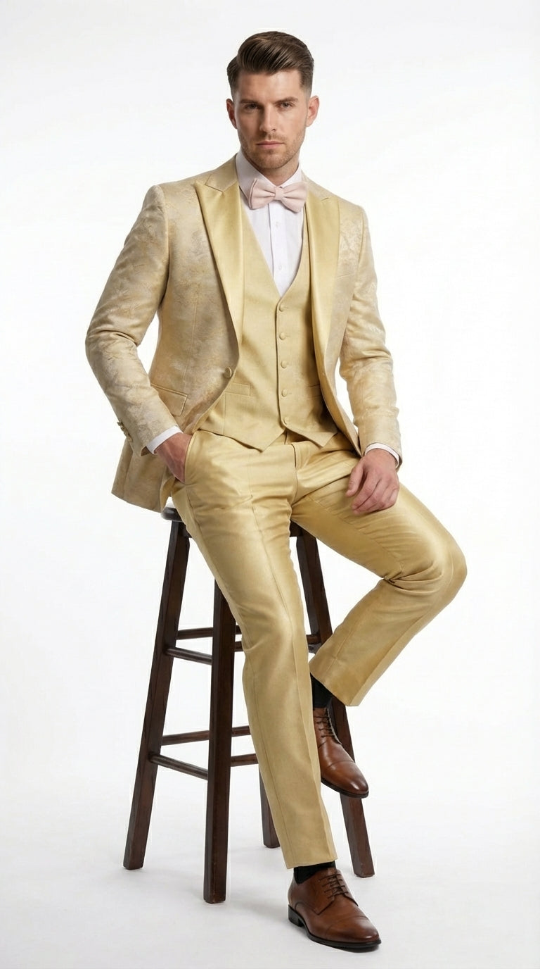Vitali Mens Yellow Gold Designer Tuxedo Suit Set – Luxury Wedding Prom Formal Tuxedo with Vest Bow Tie in Champaign Color - 34 Short or Extra Small