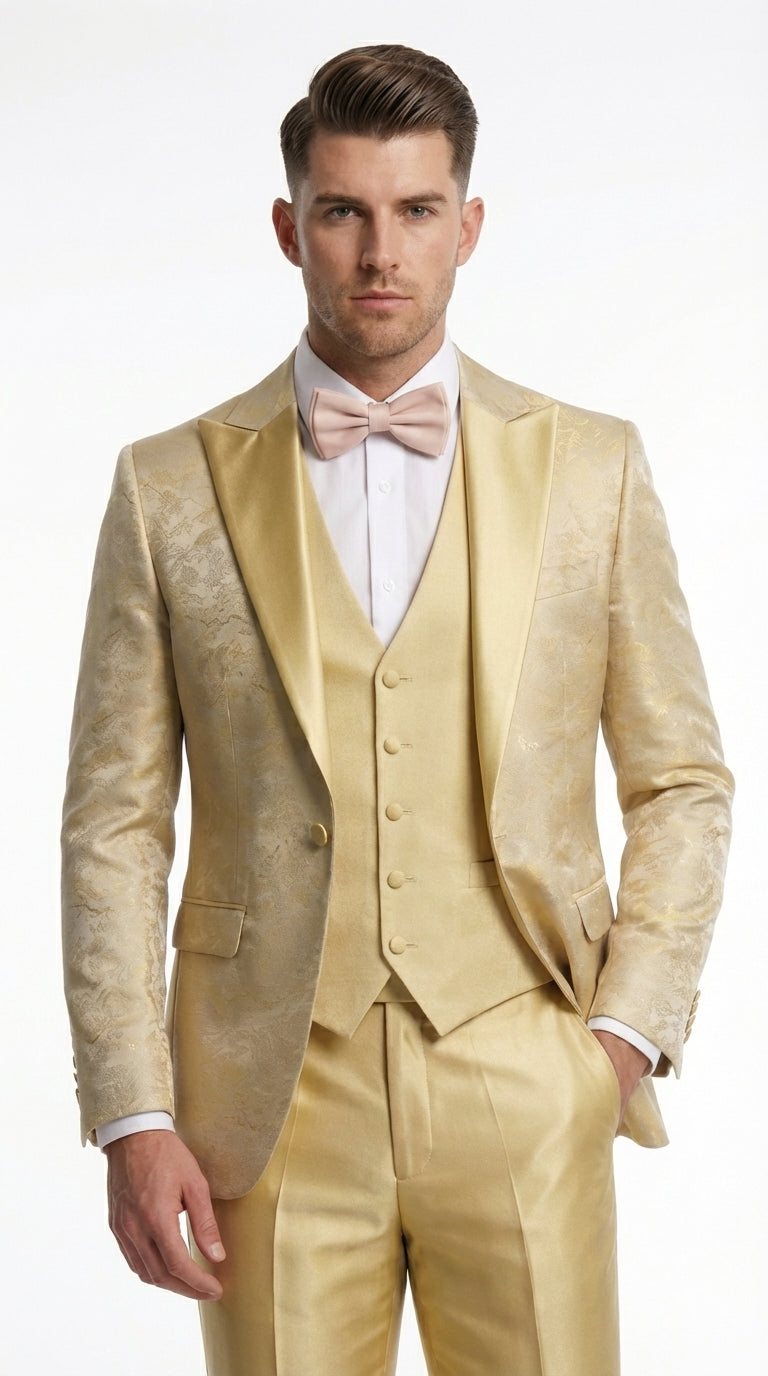 Vitali Mens Yellow Gold Designer Tuxedo Suit Set – Luxury Wedding Prom Formal Tuxedo with Vest Bow Tie in Champaign Color - 34 Short or Extra Small