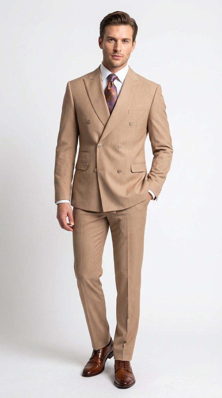 Vitali Tan Double Breasted Suit Mens 2 Piece Formal Suit for Wedding, Business and Special Events khaki beige color