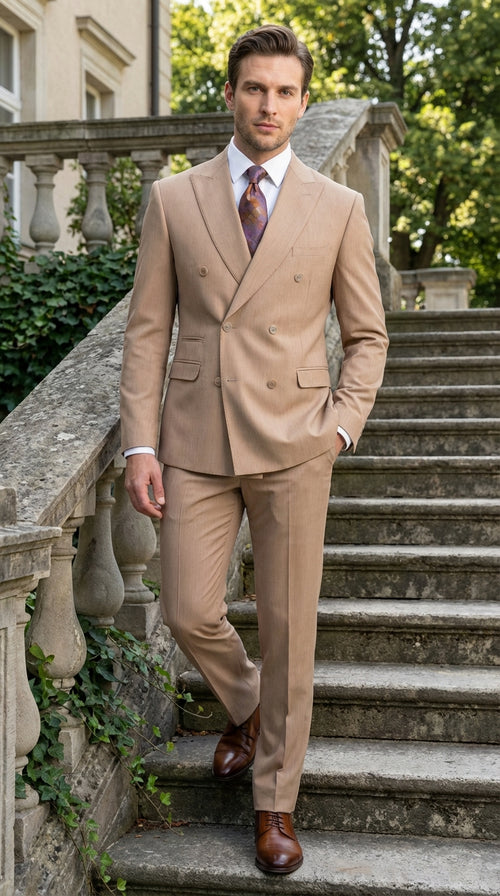 Vitali Tan Double Breasted Suit Mens 2 Piece Formal Suit for Wedding, Business and Special Events khaki beige color