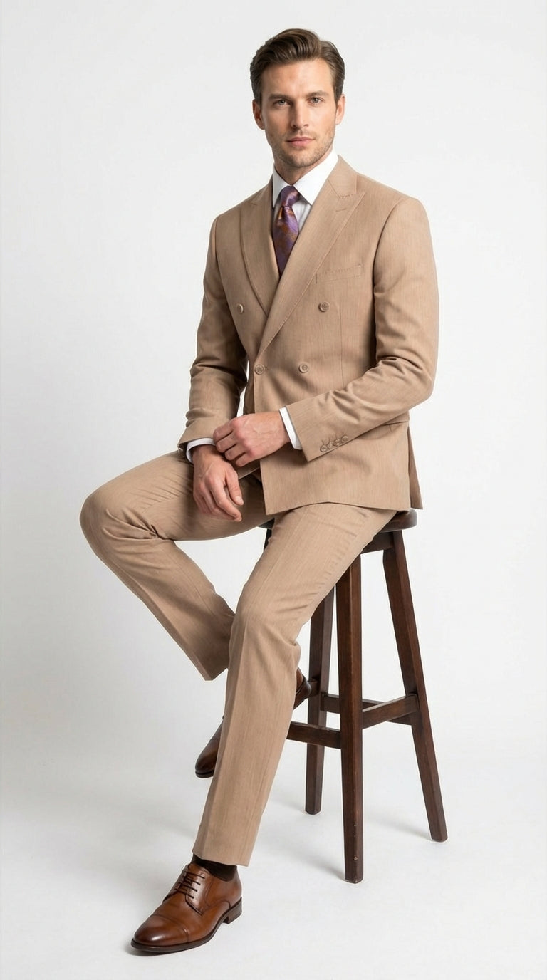 Vitali Tan Double Breasted Suit Mens 2 Piece Formal Suit for Wedding, Business and Special Events khaki beige color