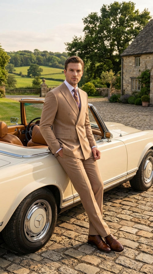 Vitali Tan Double Breasted Suit Mens 2 Piece Formal Suit for Wedding, Business and Special Events khaki beige color