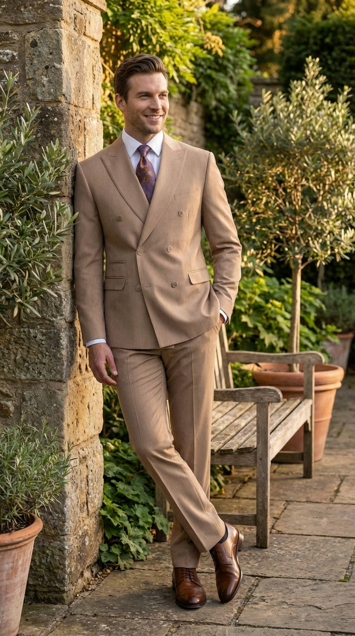Vitali Tan Double Breasted Suit Mens 2 Piece Formal Suit for Wedding, Business and Special Events khaki beige color
