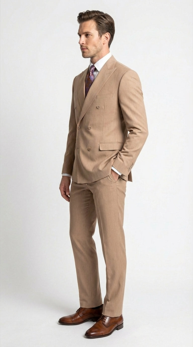 Vitali Tan Double Breasted Suit Mens 2 Piece Formal Suit for Wedding, Business and Special Events khaki beige color