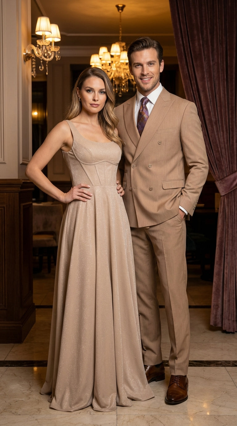 Vitali Tan Double Breasted Suit Mens 2 Piece Formal Suit for Wedding, Business and Special Events khaki beige color - 34 Short or Extra Small