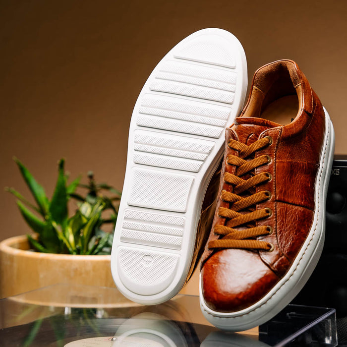 Zelli Vivo Tumbled Calfskin Sneakers in Cognac with White Rubber Sole