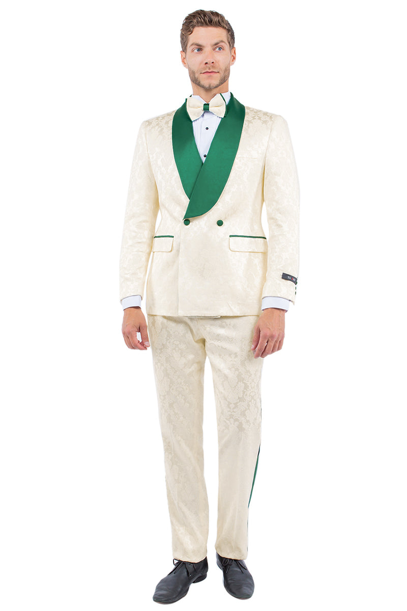 Emerald Green & Ivory Men's Slim Fit Paisley Tuxedo - Double Breasted Smoking Jacket for Prom & Wedding - 34 Short