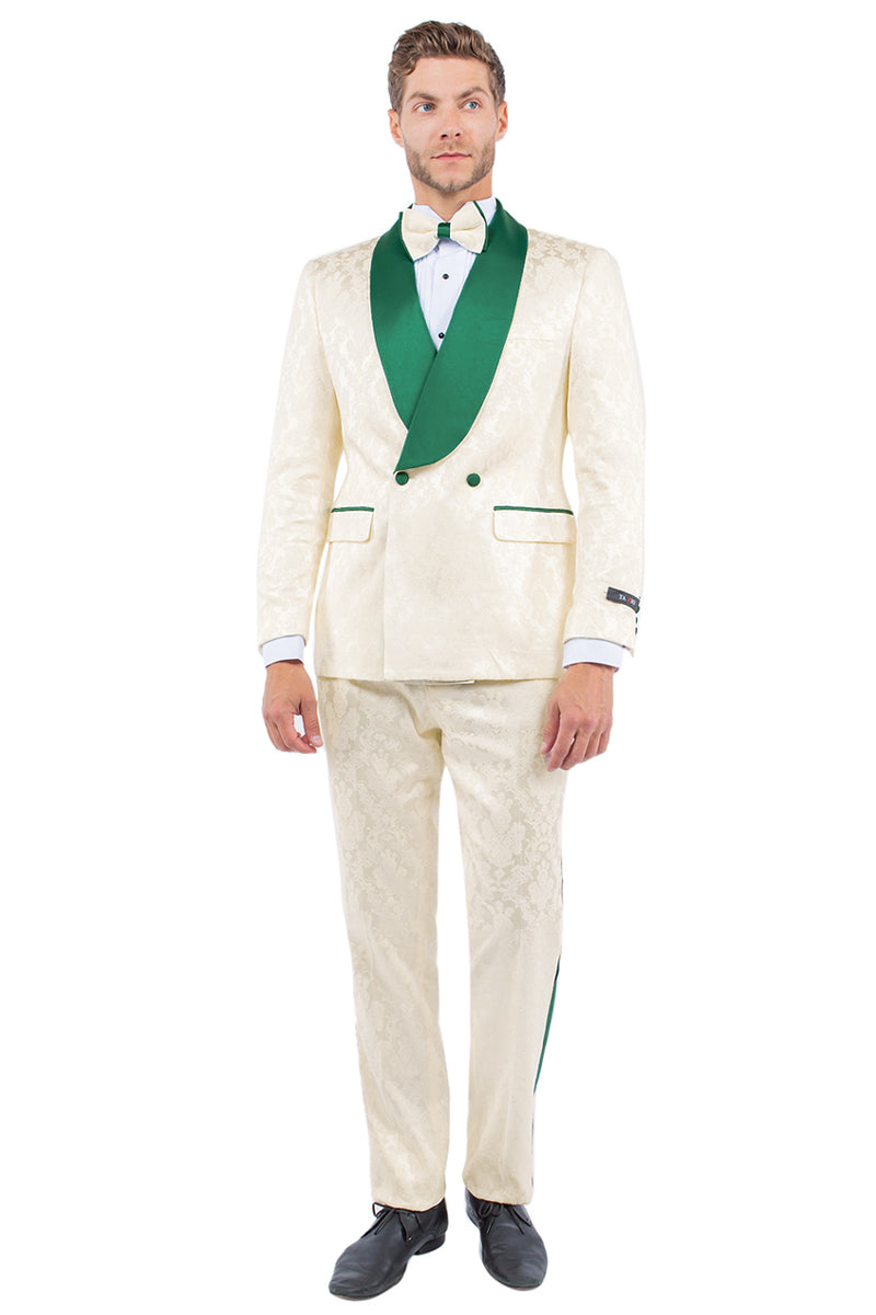 Emerald Green & Ivory Men's Slim Fit Paisley Tuxedo - Double Breasted Smoking Jacket for Prom & Wedding