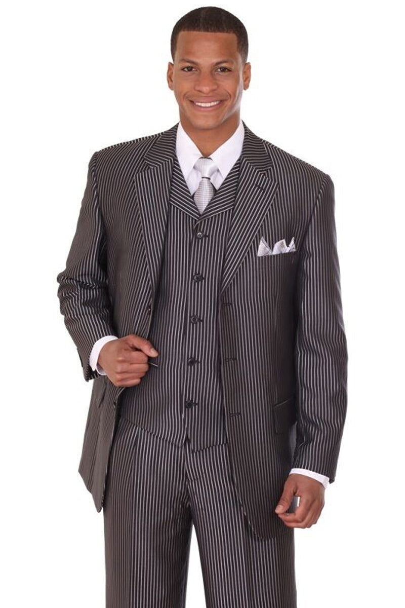"Sharkskin Pinstripe Suit - Men's Black 3-Button Vested, Narrow Cut" - 38 Long