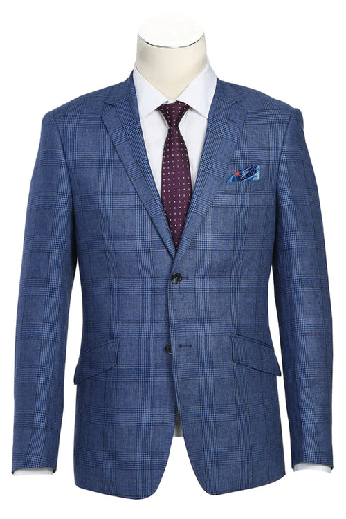"Men's Navy Blue Slim Fit Linen plaid Blazers - Two Button, Summer Windowpane Plaid"