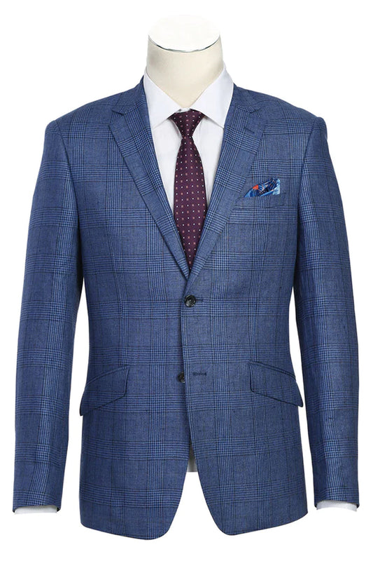 "Men's Navy Blue Slim Fit Linen Blazer - Two Button, Summer Windowpane Plaid"