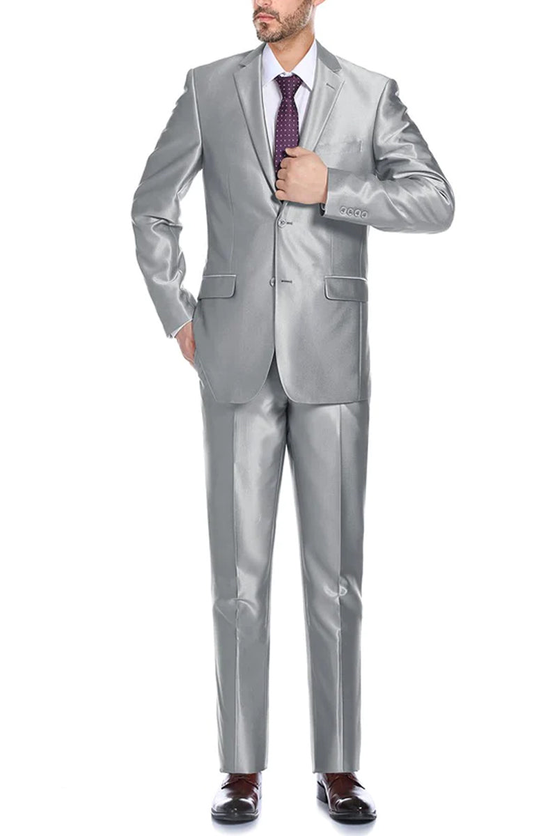 "Sharkskin Slim Fit Two-Button Men's Suit with Optional Vest - Silver Grey"
