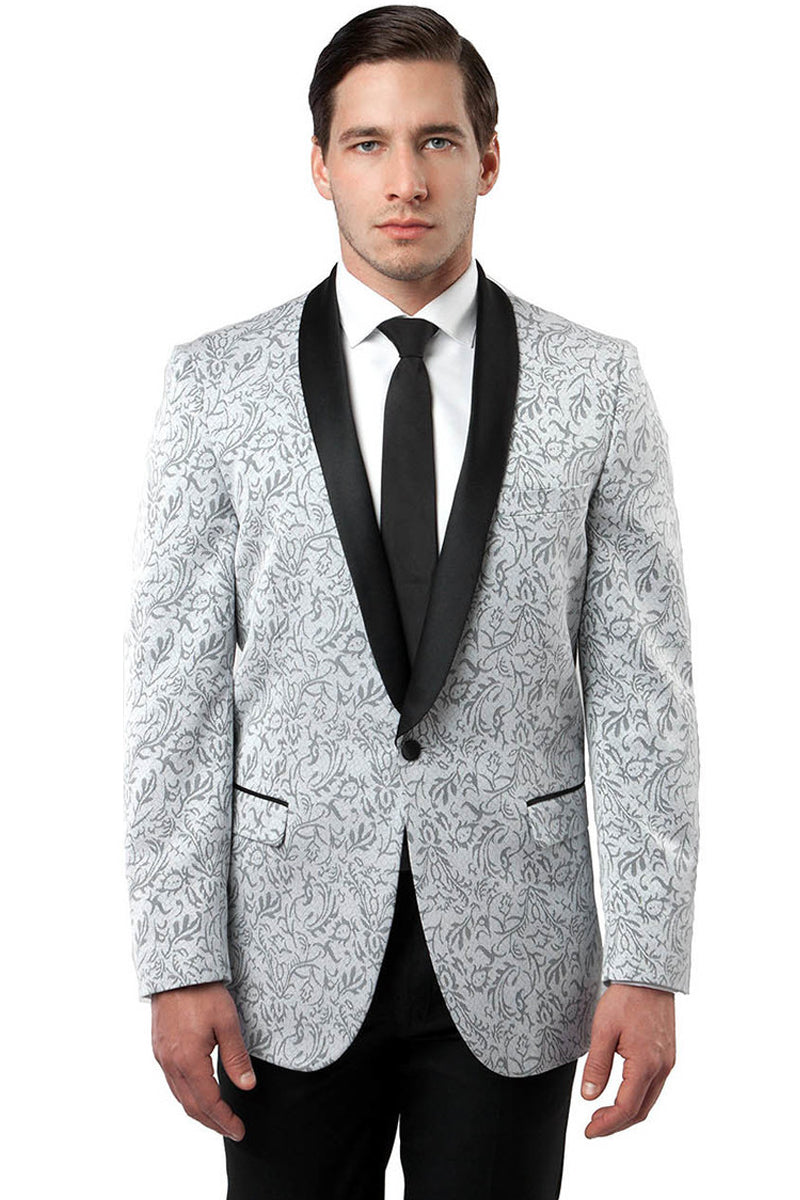 "Paisley Tuxedo Jacket for Men - One Button, Shawl Lapel in Silver Grey"