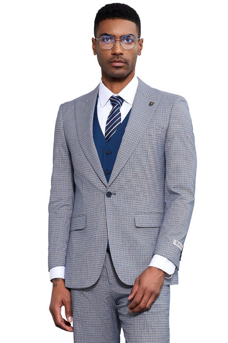 Men's Stacy Adams One Button Peak Lapel Vested Micro Check in Light Blue with a French Blue Vest - 38 Regular