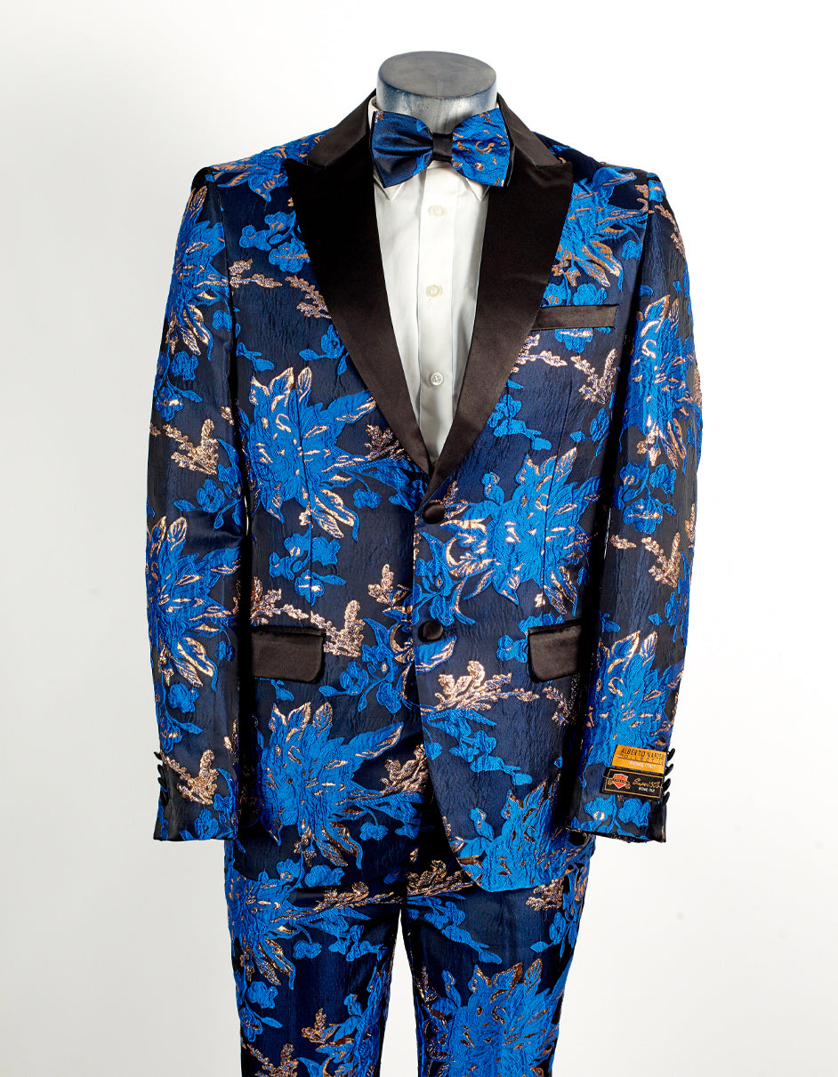 Mens Royal Blue Prom Tuxedo - Mens 2 Button Royal Blue and Gold Foil Paisley Tuxedo Tuxedo