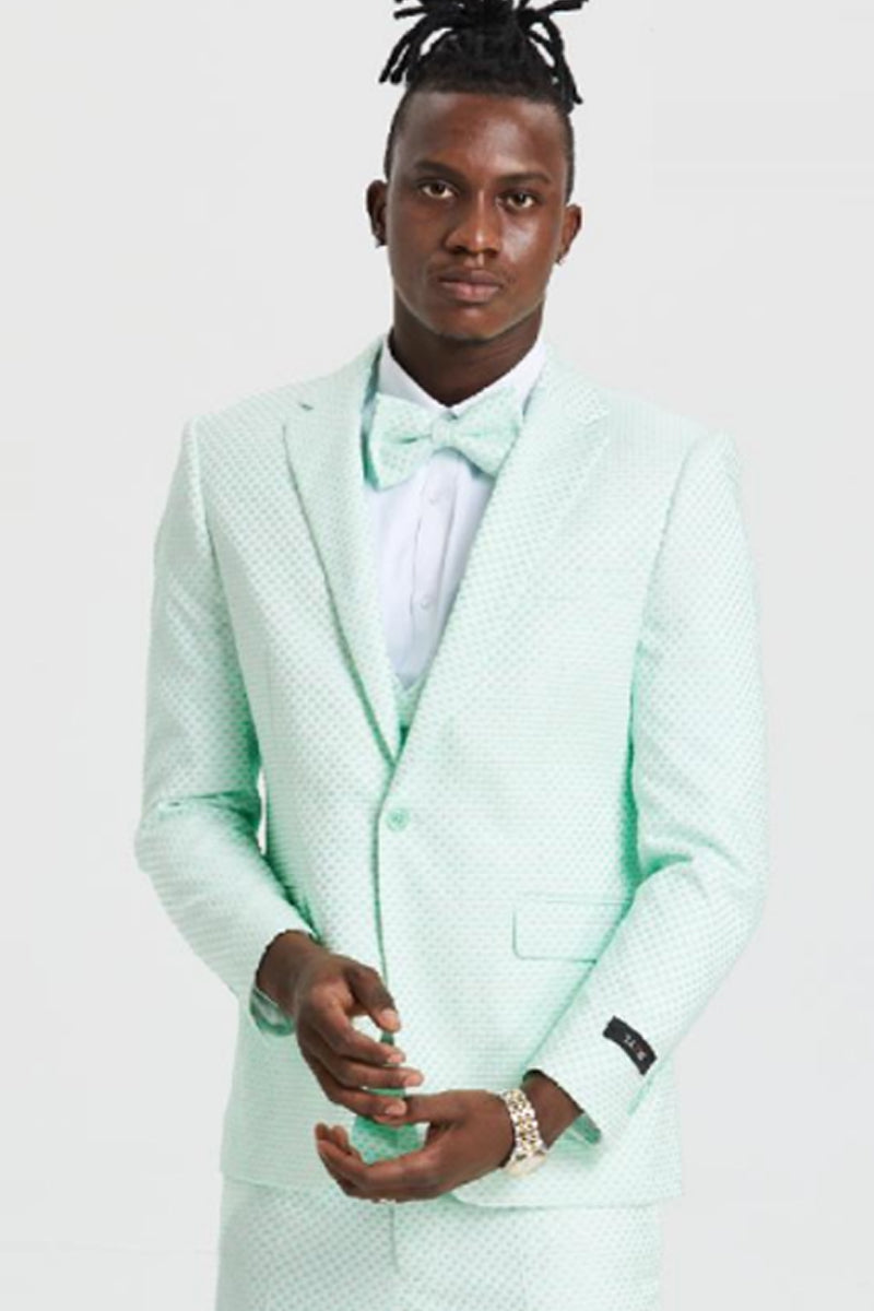 "Men's Mint Green Polka Dot Prom & Wedding Suit - One Button Double Breasted Vest"