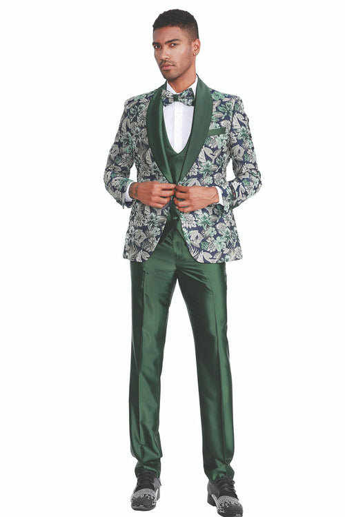 "Men's Slim Fit Paisley Shawl Lapel Tuxedo - One Button Vested Prom 2026 Suit in Hunter Green"