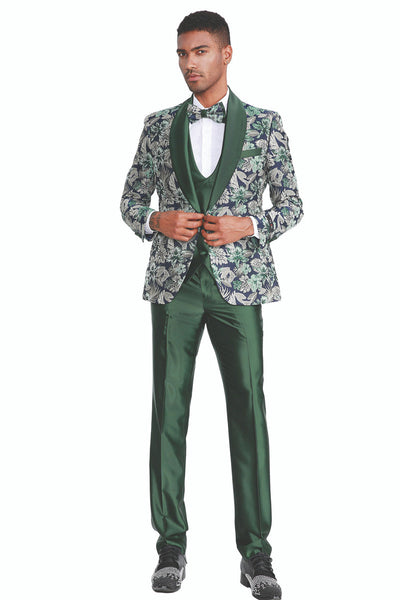 "Men's Slim Fit Paisley Shawl Lapel Tuxedo - One Button Vested Prom 2026 Suit in Hunter Green"