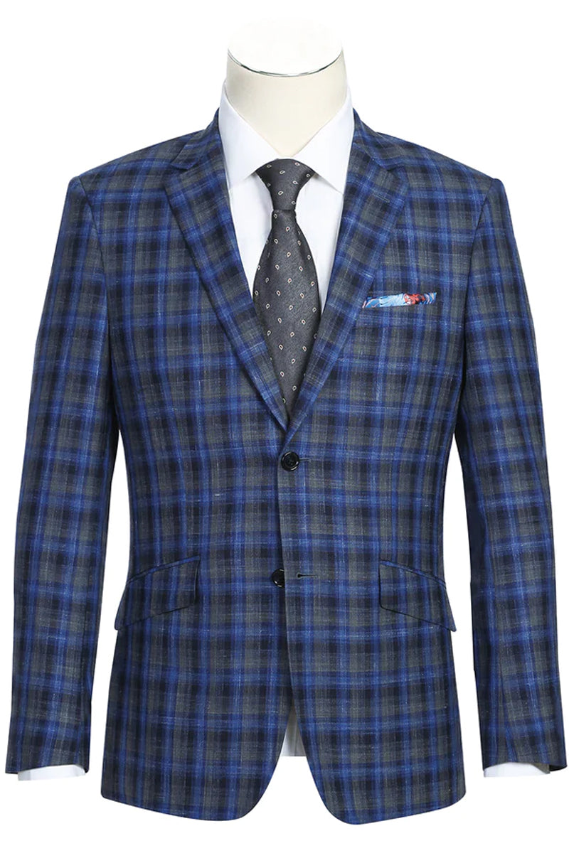 Wool Sport Coat Blazer for Men - Slim Fit, Two-Button, Navy Blue & Grey Windowpane Plaid - 36 Short