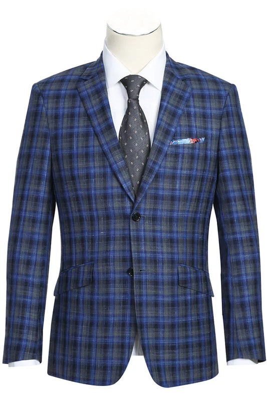 Wool Sport Coat Blazer for Men - Slim Fit, Two-Button, Navy Blue & Grey Windowpane Plaid